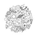 Various space elements minimalist composition. Linear graphic. Scandinavian minimalist style. Astronaut, planet