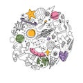 Various space elements round composition. Linear graphic. Scandinavian minimalist style. Astronaut, planet, spaceship
