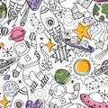 Various space elements seamless pattern. Linear graphic. Scandinavian minimalist style. Astronaut, planet, spaceship