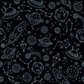 Various space objects. Pattern with space on a black background