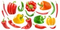 Various species of peppers, collection isolated on white background Royalty Free Stock Photo