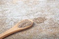 Various species in wooden spoons on rustic background