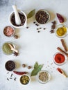 Various spices in bowls and pestle frame on the table. dry herbs, salt spices on a gray background.