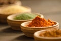 Various spices in ceramic bowls with selective focus on dried chilly