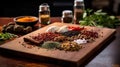 Various spices on a cutting board close-up