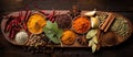 Various spices displayed on a wooden cutting board Royalty Free Stock Photo