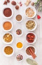 Various spices, dried and fresh herbs on table Royalty Free Stock Photo