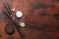 Various spices, herbs and cooking utensils Royalty Free Stock Photo