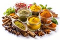 Various Spices and Herbs Over White Curry Saffron Turmeric Cinnamon Royalty Free Stock Photo