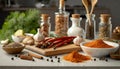 various spices, herbs and spices on a kitchen tabletop for food preparation Royalty Free Stock Photo