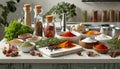 various spices, herbs and spices on a kitchen tabletop for food preparation Royalty Free Stock Photo