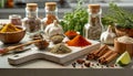 various spices, herbs and spices on a kitchen tabletop for food preparation Royalty Free Stock Photo