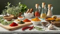 various spices, herbs and spices on a kitchen tabletop for food preparation Royalty Free Stock Photo