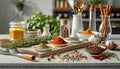 various spices, herbs and spices on a kitchen tabletop for food preparation Royalty Free Stock Photo