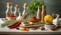 various spices, herbs and spices on a kitchen tabletop for food preparation Royalty Free Stock Photo