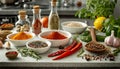 various spices, herbs and spices on a kitchen tabletop for food preparation Royalty Free Stock Photo