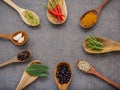 Various of spices and herbs in wooden spoons. Flat lay spices ingredients chili ,peppercorn, rosemary, thyme on dark stone
