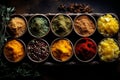 Various spices and seasonings being measured out and prepared in small bowls for cooking