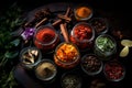 Various spices in small bowls being measured out for cooking and seasoning dishes