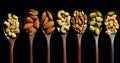 various spices spoons, colorful sacks, spices seasonings,