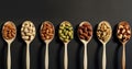 various spices spoons, colorful sacks, spices seasonings,