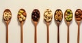 various spices spoons, colorful sacks, spices seasonings,