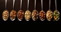 various spices spoons, colorful sacks, spices seasonings,