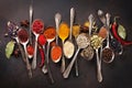 Various spices spoons on stone table