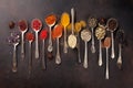 Various spices spoons on stone table