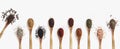 Various spices spoons on white table. Top view with copy space. Royalty Free Stock Photo