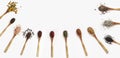 Various spices spoons on white table. Top view with copy space. Royalty Free Stock Photo