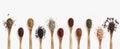 Various spices spoons on white table. Top view with copy space. Royalty Free Stock Photo