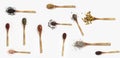 Various spices spoons on white table. Top view with copy space. Royalty Free Stock Photo