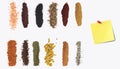 Various spices on white background. Top view with free space, and note.