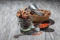 Various spices on wood Royalty Free Stock Photo