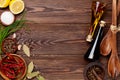 Various spices on wooden background