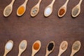 Various spices in wooden spoon on wood table background Royalty Free Stock Photo