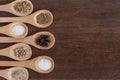 Various spices in wooden spoon on wood table background Royalty Free Stock Photo