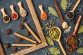 Various spices in wooden spoons on dark stone table Royalty Free Stock Photo