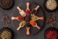 Various spices in wooden spoons on dark stone table. Royalty Free Stock Photo