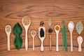 Various spices in wooden spoons, on rustic wood background background Royalty Free Stock Photo