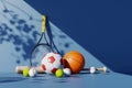 Various Sports balls and equipment on a blue background. 3d Royalty Free Stock Photo