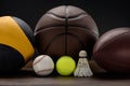 Various sports balls and shuttlecock Royalty Free Stock Photo