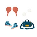 Various sports equipment. Table tennis set, sports bag with sneakers, tennis rackets with ping pong balls. The concept Royalty Free Stock Photo