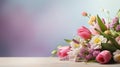 various spring flowers on table with copy space