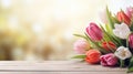various spring flowers tulips on table with bokeh copy space