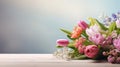 various spring flowers tulips on table with copy space
