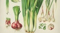 various stages and parts of allium plants, from spring onions to mature garlic bulbs, rendered in a classic style perfect for both