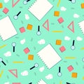 Various stationery items on turquoise background, vector seamless pattern. Office supplies backdrop. Wallpaper design Royalty Free Stock Photo