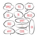 Various stickers of black line speech bubbles vector set with red text - stock vector